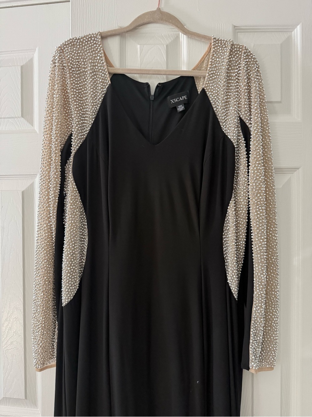 Xscape Black Gown with Pearl-Studded Cream Long Sleeves